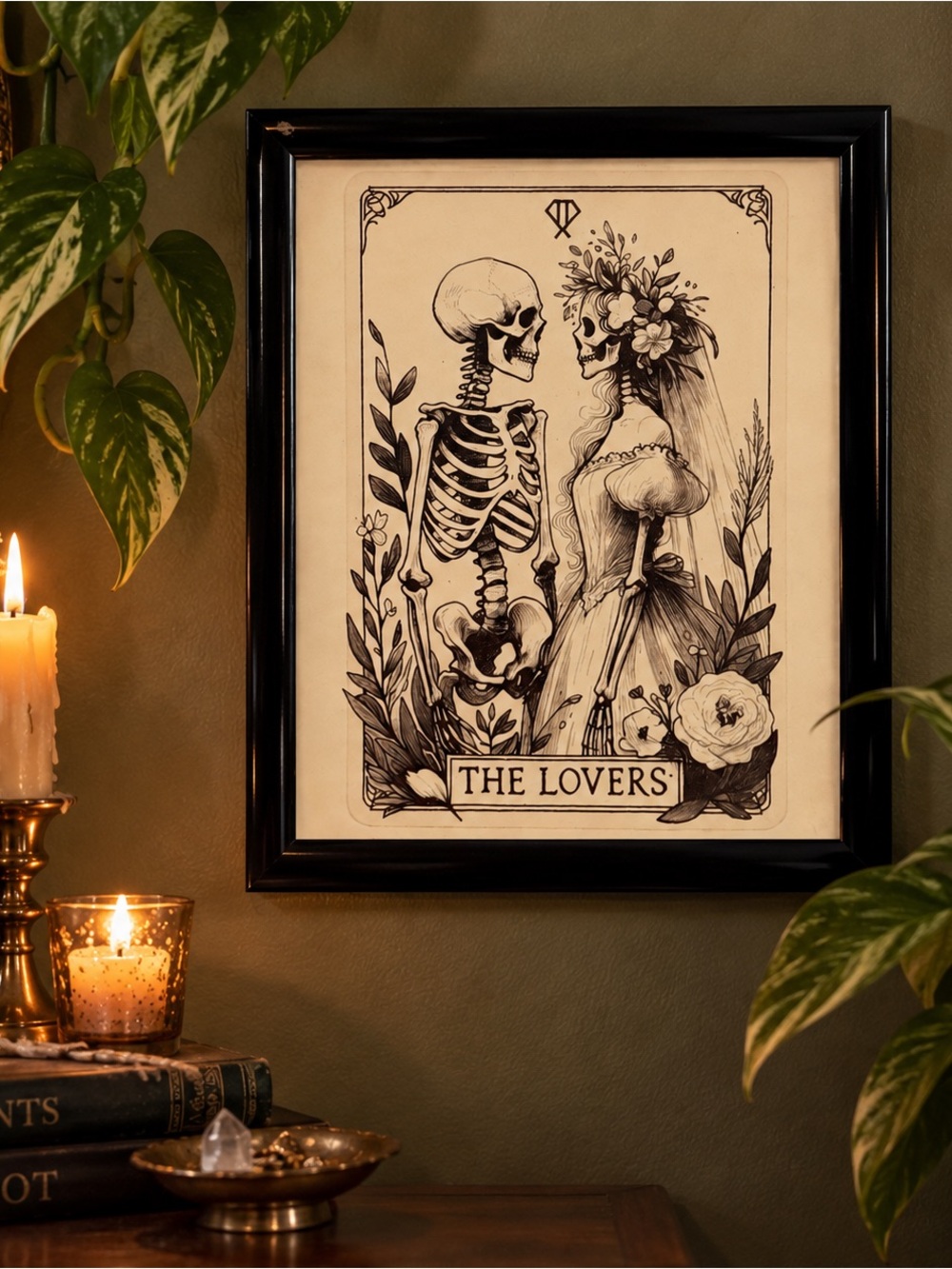 Gothic Skeleton Lovers Tarot Wall Art Print Framed Botanical Victorian Romance